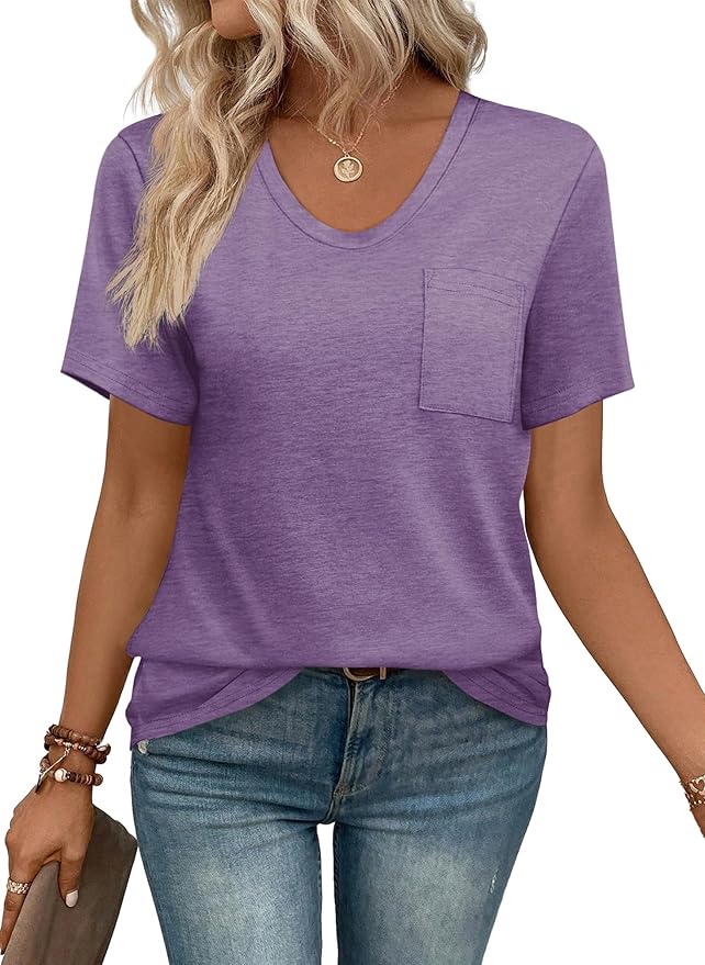 WIHOLL Women Summer T Shirts Short Sleeve Rounded V Neck Pocket Tee Tops
