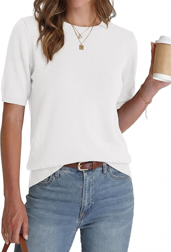 BTFBM Short Sleeve Sweater for Women Spring Tops Crew Neck Lightweight Pullover Loose Dressy Casual Blouse Basic Clothes