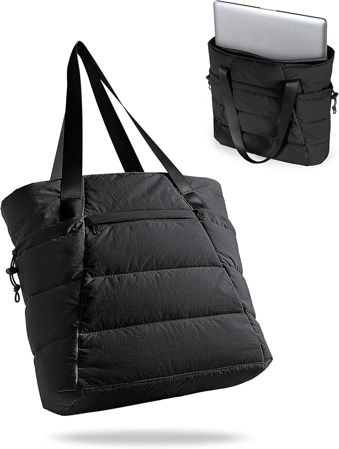 Puffer Tote Bag for Women, Lightweight Tote Bag for Work and School, Black