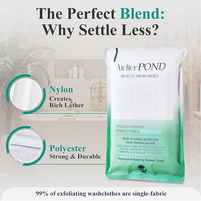 atelier POND Korean Exfoliating Washcloth – Exfoliating Shower Towel Body Scrub Cloth for Deep Cleansing, Dead Skin Removal & Smooth Skin (Fresh Green – Deep Exfoliation)