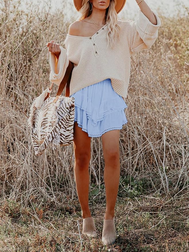 Aoudery Flowy Shorts for Women Casual Boho Ruffle Tiered Skorts High Waist Mini Skirts Golf Tennis Crochet Shorts