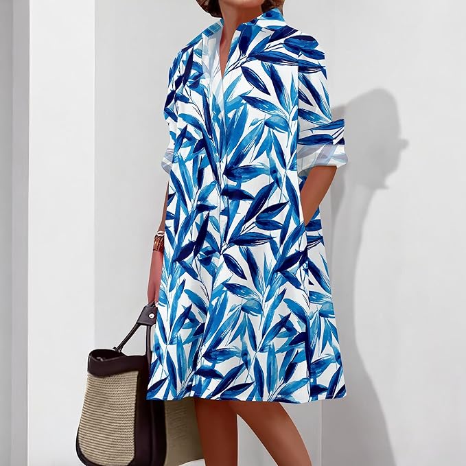 Shirt Dresses for Women 2025 Summer Long Sleeve Casual Plus Size Floral Printed Beach Vacation Dress with Pockets