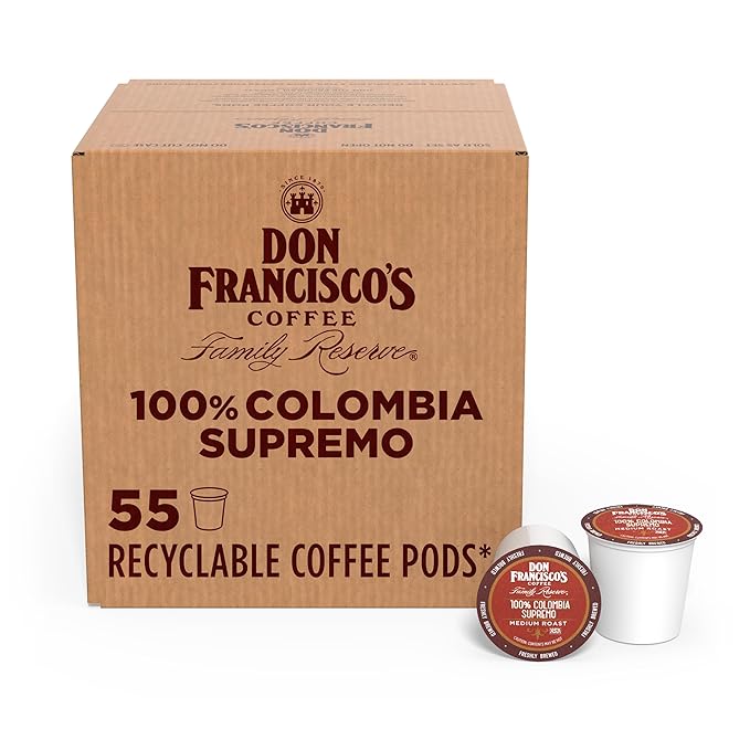 Don Francisco's 100% Colombia Coffee - 55 K-Cup Compatible Single-Serve Pods - 100% Arabica - Recyclable through TerraCycle - Floral Aroma with Winey Notes - Compatible with Keurig Brewers