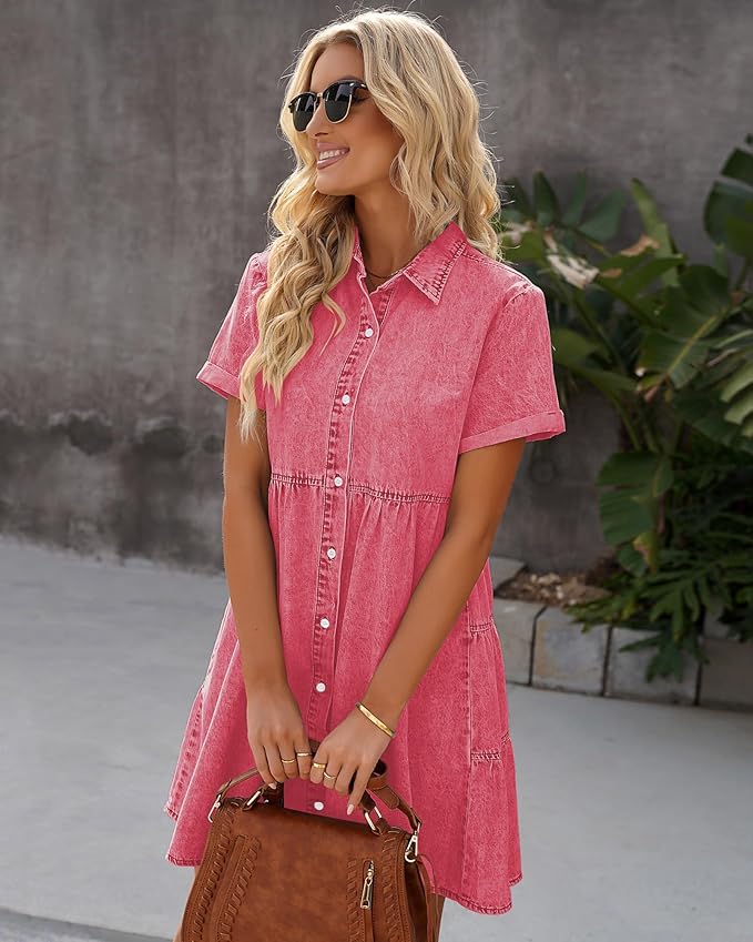 LookbookStore Women's Short Sleeve Button Down Flowy Tiered Babydoll Denim Dress