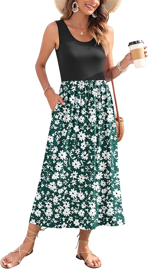WNEEDU Women's Summer Maxi Dress 2026 Casual Sleeveless Hawaiian Sundress Tropical Long Dress Beach Vacation Outfit