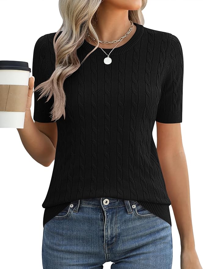 Micoson Womens Short Sleeve Cable Knit Sweater Tops Crewneck Lightweight Spring Summer Shirts Business Dressy Casual Outfits