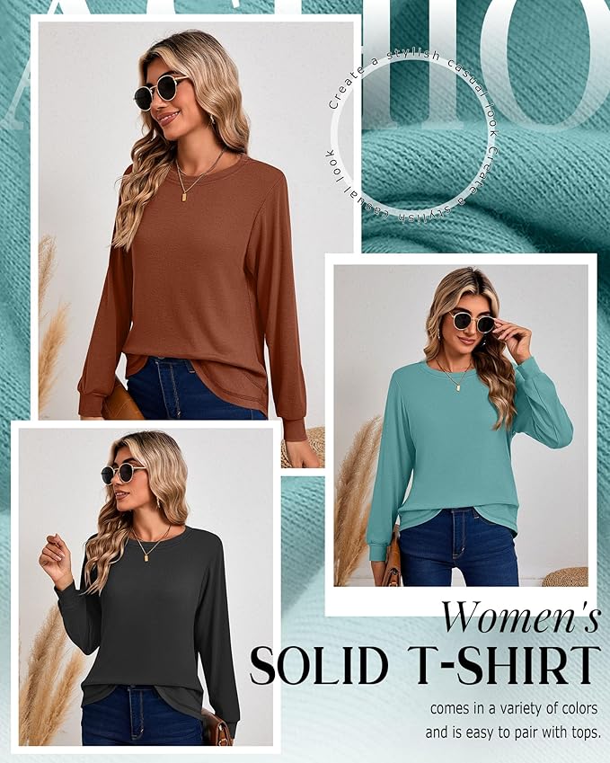 Ficerd 3 Pack Women's Long Sleeve Shirts, Cotton Crew Neck Tunic Tops Casual Loose Fit Pullover Sweatshirts Curved Hem Shirts