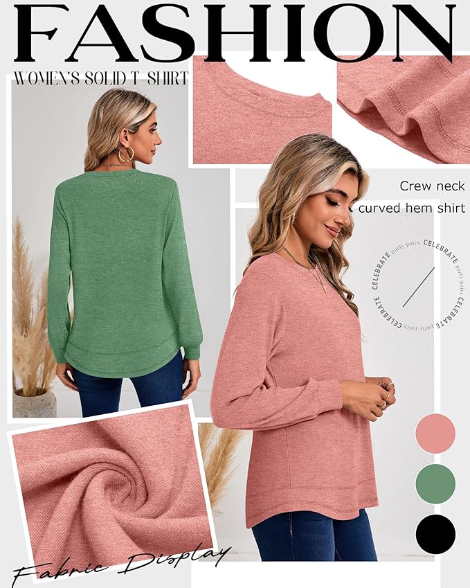 Ficerd 3 Pack Women's Long Sleeve Shirts, Cotton Crew Neck Tunic Tops Casual Loose Fit Pullover Sweatshirts Curved Hem Shirts