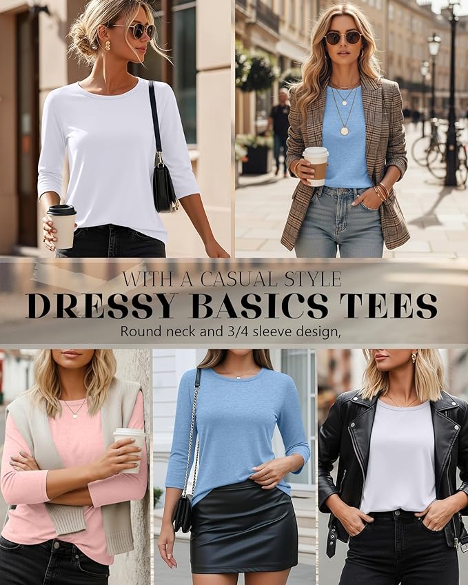 Ficerd 3 Pack 3/4 Sleeve Tops for Women Round Neck Dressy Basics Tees Casual Trendy Loose Fit T Shirts