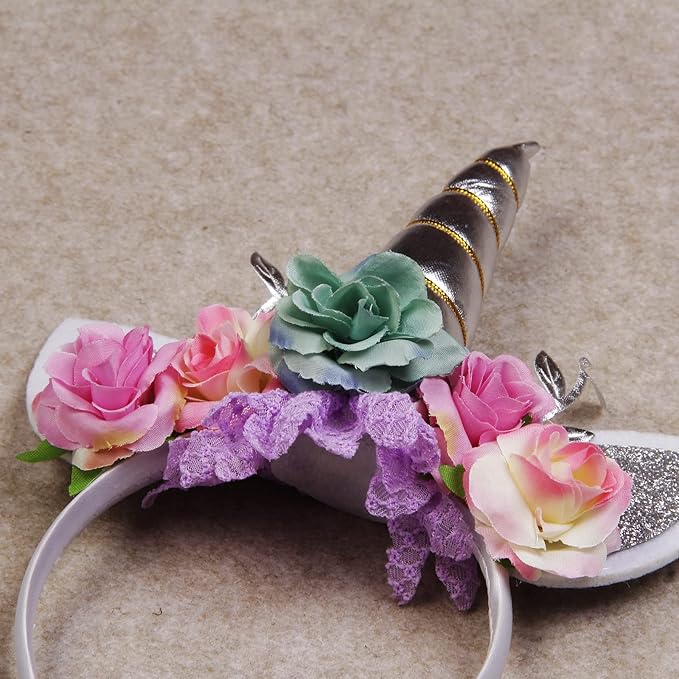 Nishine Unicorn Horn Floral Headband Glitter Ears Pony Head Bands Tiara for Girls Party Birthday Cosplay