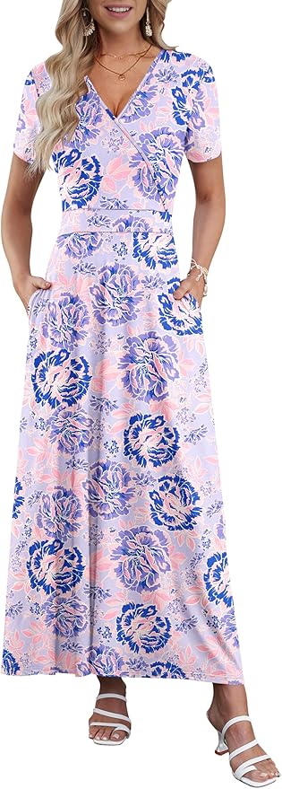 AUSELILY Maxi Dresses for Women Ankle Length Floral Print Beach Long Flowy Dress with Pockets