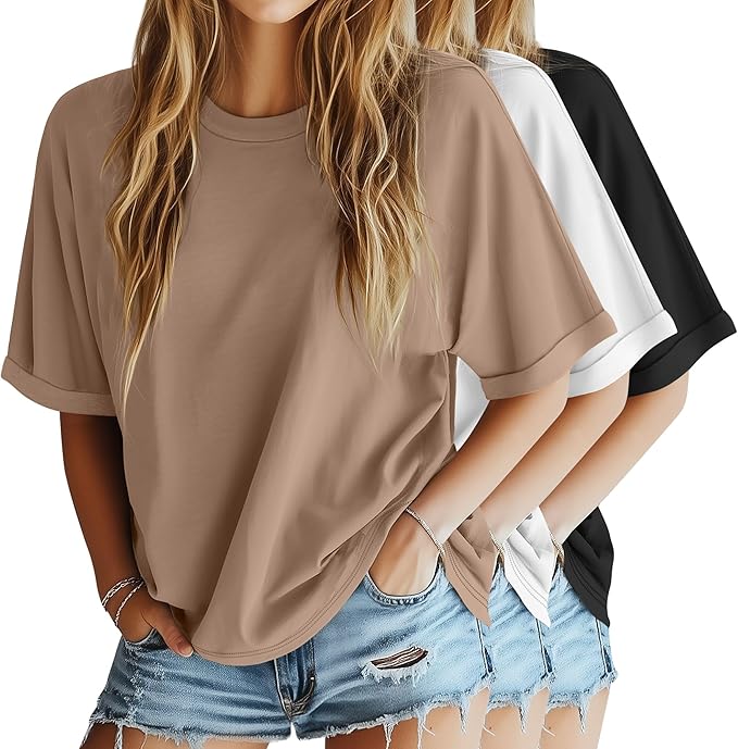 Riyiper 3 Pack Women's Oversized T-Shirt Half Sleeve Summer Tees Casual Loose Fit Crew Neck Basic Tops