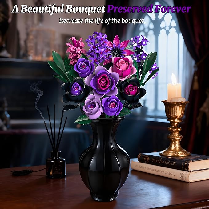 Teefrye Purple Rose Bouquet Building Set: Compatible with Lego Flowers for Adults Women Gothic Artificial Botanical Collection Halloween Christmas Valentine's Gifts Home Decor
