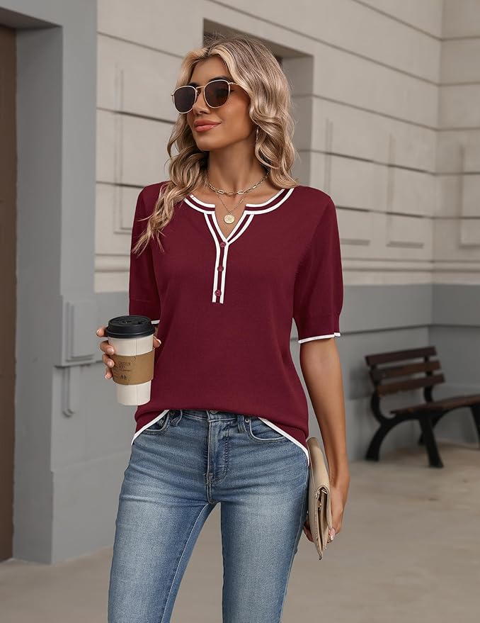 Zeagoo Women's Short Sleeve Sweater 2026 Spring Summer Tops Lightweight Casual V Neck Sweaters Dressy Work Blouses Clothes