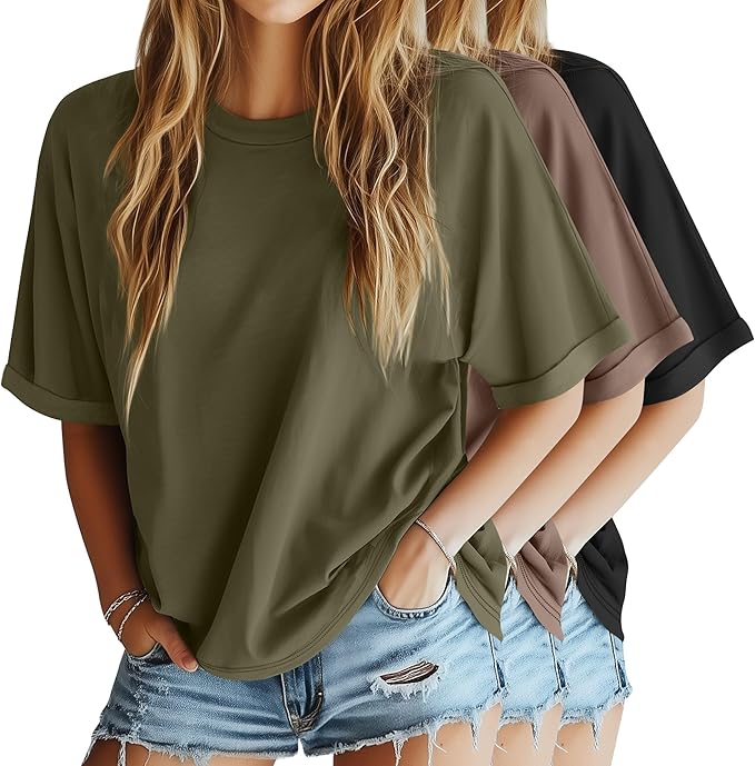 Riyiper 3 Pack Women's Oversized T-Shirt Half Sleeve Summer Tees Casual Loose Fit Crew Neck Basic Tops