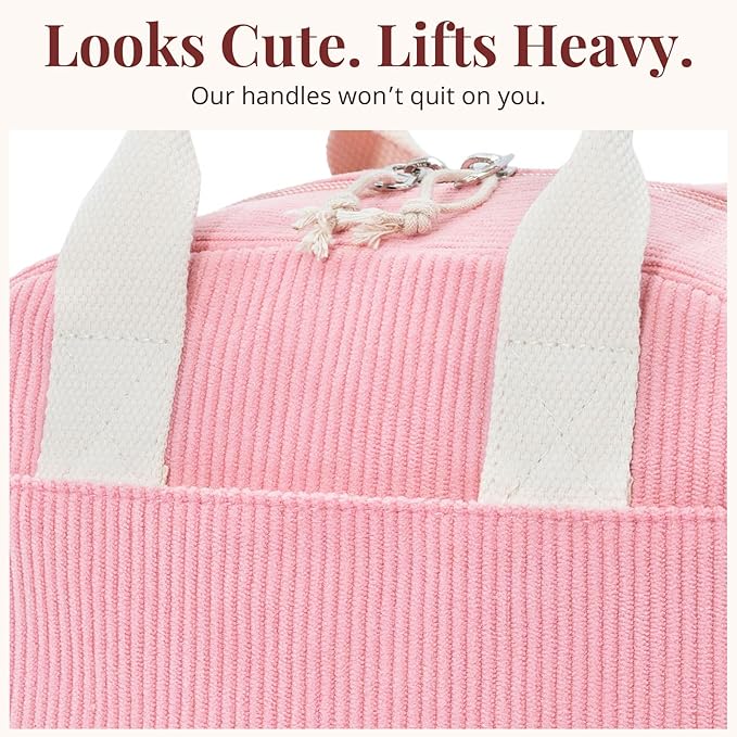 Insulated Sugar Pink Lunch Bag for Women, Stylish Corduroy Tote with Aluminum Lining, Large Capacity Reusable Cooler for Work, Travel, or Beach, Beige Cream Water-Resistant Lunch Box