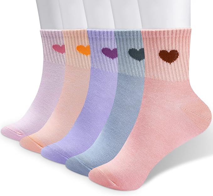 Corlap Women's Cute Cotton Crew Athletic Running Socks - Ankle High, Novelty Fun Heart Design 5-Pairs (Gift Box)