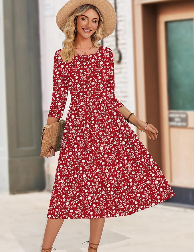 Zeagoo 3/4 Sleeve Women's Dress Casual Flowy A-Line Midi Tshirt Dresses with Pockets Crewneck Vocation Boho Beach Sundress