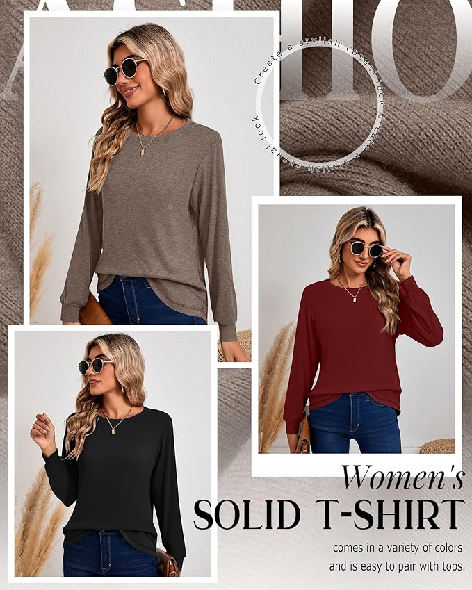 Ficerd 3 Pack Women's Long Sleeve Shirts, Cotton Crew Neck Tunic Tops Casual Loose Fit Pullover Sweatshirts Curved Hem Shirts