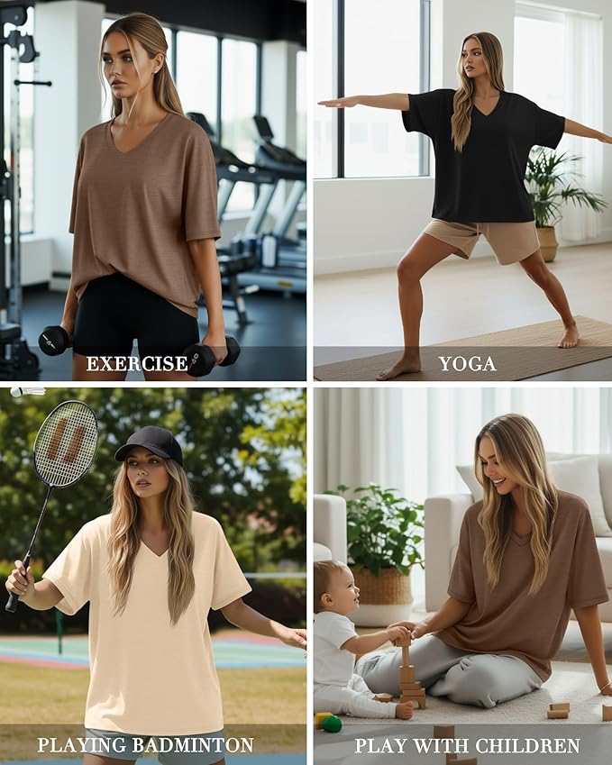 Huukeay Women's Cotton Oversized T Shirts 3 Pack V Neck Loose Fit Half Sleeve Tops Baggy Casual Summer Gym Workout Tees 2026