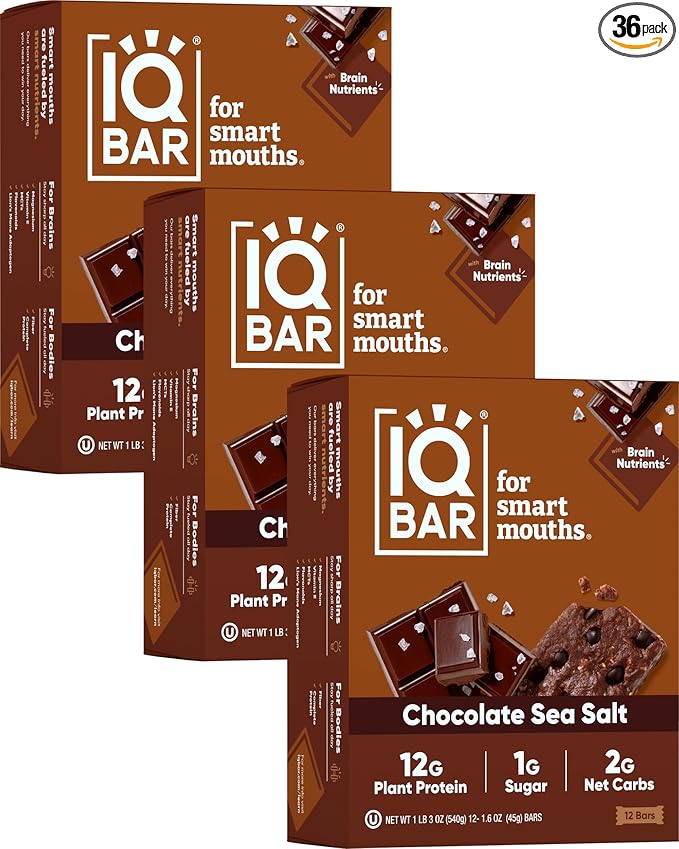 IQBAR Brain and Body Plant Protein Bars - Chocolate Sea Salt - 36-Count - Keto, Vegan, Low Carb, High Fiber, Gluten Free, Dairy Free, Low Sugar Snack with Nutrients for Focus, Energy, Meal Replacement