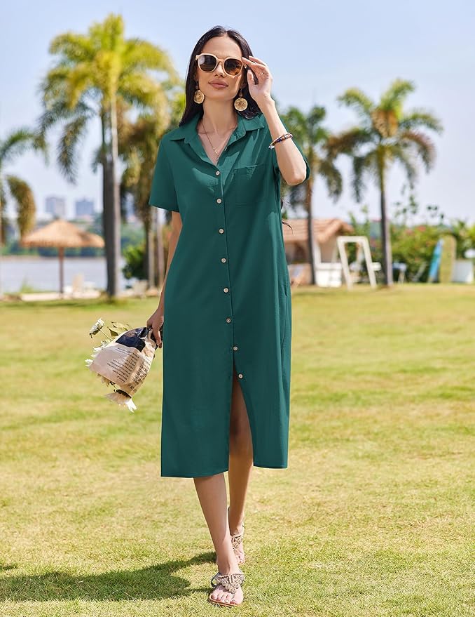 HOTOUCH Womens Dress Summer Casual Midi Short Sleeve Button Down Shirt Dresses Loose Beach Cover Up with Pockets