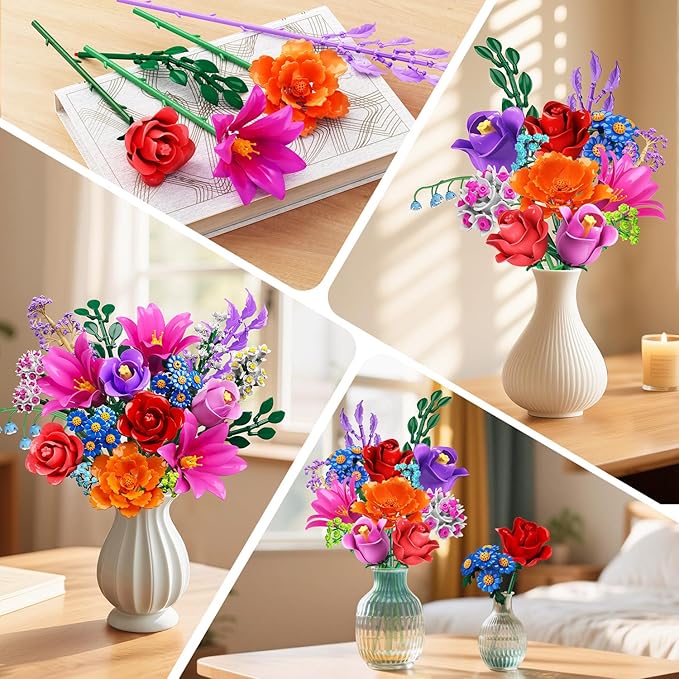 CUBIMANA Valentines Flowers Bouquet Building Set with LED Light, 21 Flower Botanical Collection Block Toy, Rose Lily Home Plant Decor 1054PCS, Gifts for Her Adults Women Mom Kids Girls 12+ (RED)