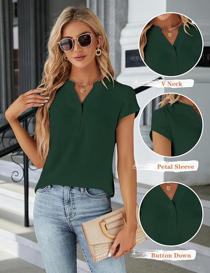 Blooming Jelly Women's Dressy Casual Tops Business Work Blouses White Button Down Shirts Cap Sleeve V Neck Tshirt