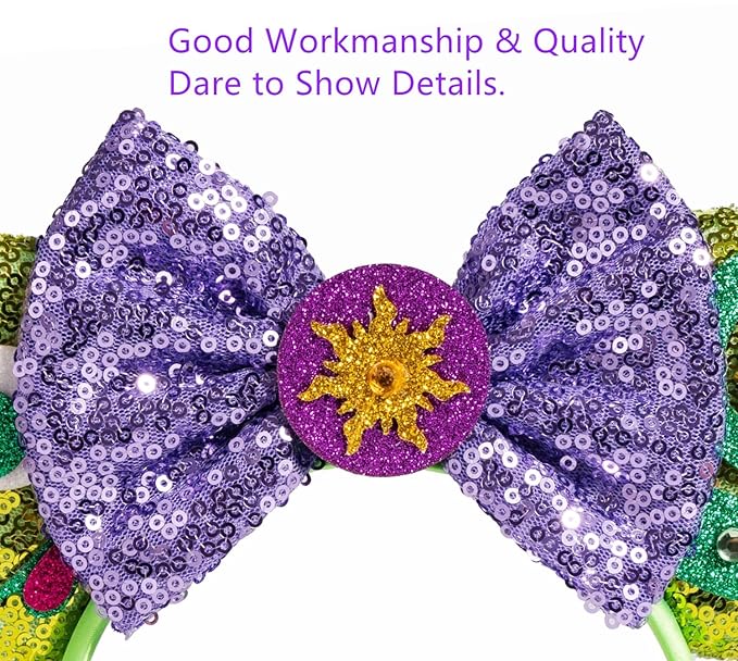 WW-WONDERFULWORLD Mouse Ears Headbands With Shiny Purple Bows & Diamond, for Girls Costume Cosplay Glitter Party, for Kids & Adult, Green; 2BQ