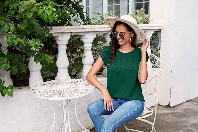 TASAMO Women's Casual Round Neck Basic Pleated Top Cap Sleeve Curved Keyhole Back Chiffon Blouse