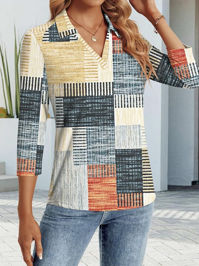 3/4 Length Sleeve Womens Tops Dressy Casual V Neck Polo Shirts Business Work Blouses 2025 Trendy Tunic Top