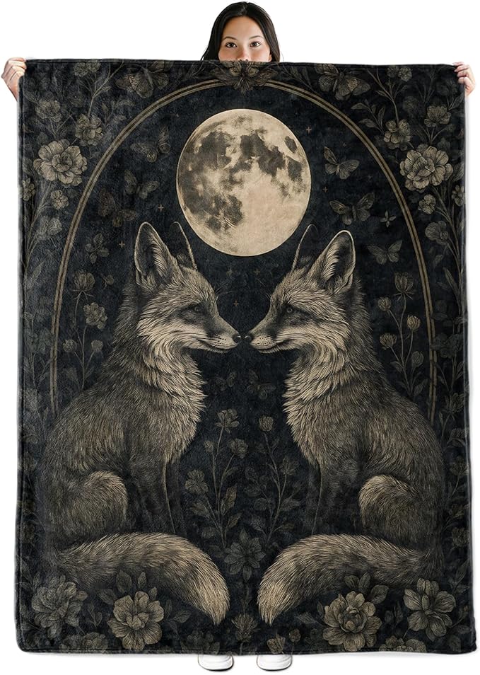 Oertud Fox Gifts, Mystical Fox Moon Theme Flannel Blanket for Adults, Women, Full Moon Night Throw Blankets for Kids, Girls, Travel Camping Sofa Living Room Decor 50x60 in