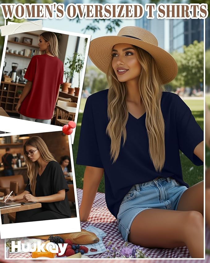 Huukeay Women's Cotton Oversized T Shirts 3 Pack V Neck Loose Fit Half Sleeve Tops Baggy Casual Summer Gym Workout Tees 2026