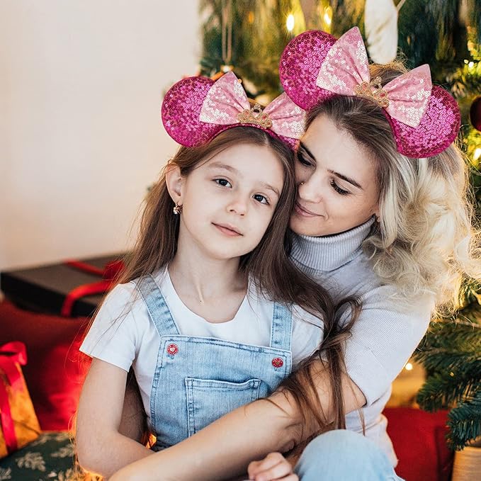 RAZKO Minnie Ears Headband, Sequin Mickey Hairband Mouse ears Hair Accessory for Women Girls(Rose Red Crown L)