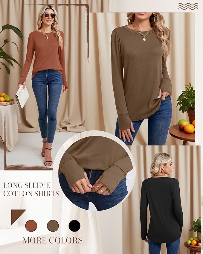Huukeay 3 Pack Women's Long Sleeve Shirts with Thumb Holes, Cotton Casual Crew Neck Tunic Tops Fall Loose Y2k Trendy Outfits