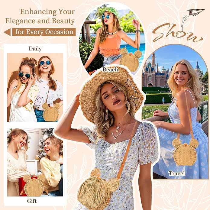 Round Rattan Straw Bag Purse for Women Handmade Cute Mouse Ear Wicker Woven Purse Crossbody Shoulder Bag Handbag