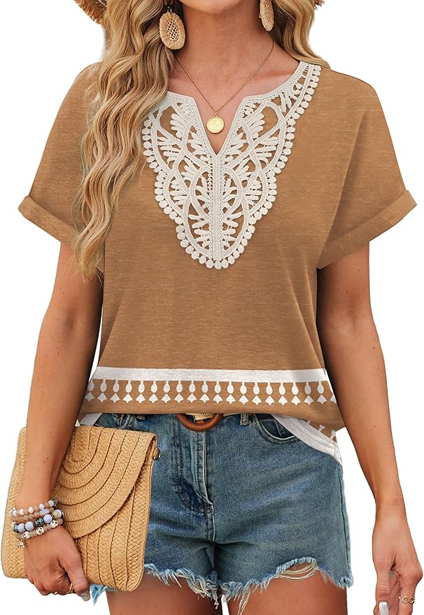 Sipaya Womens Blouses Dressy Casual Summer Shirts Short Sleeve Lace Front Boho Tunic Tops for Leggings Fashion Clothes