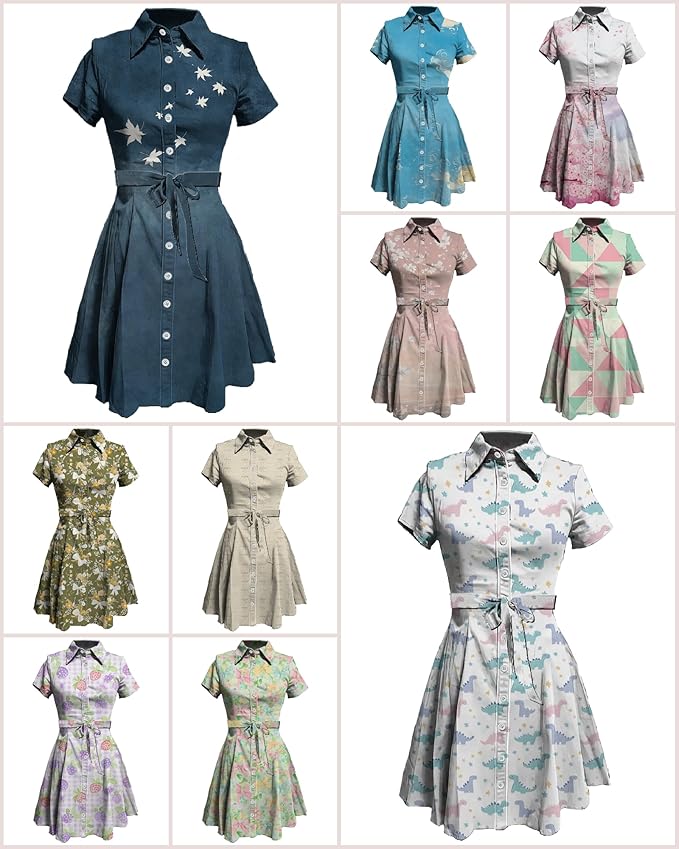 MARSVOVO Cute T Shirt Dress for Women Short Sleeve Button Up Tie Waist Elegant Casual Collared Smocked Midi Dress