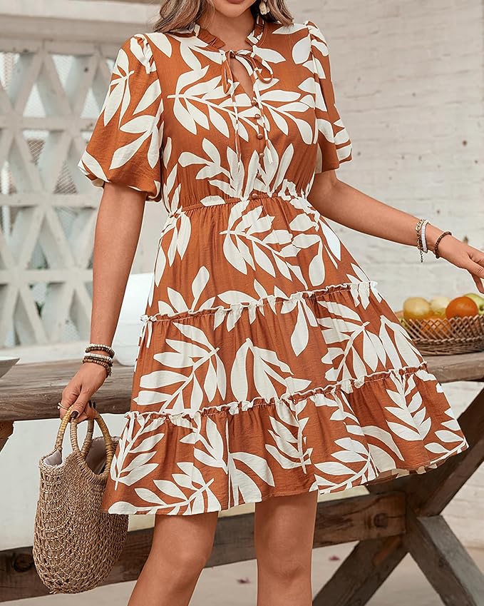 BTFBM Women Summer Floral Short Dresses V Neck Short Sleeve Tiered Ruffle Boho Swing Dress A-Line Mini Dresses