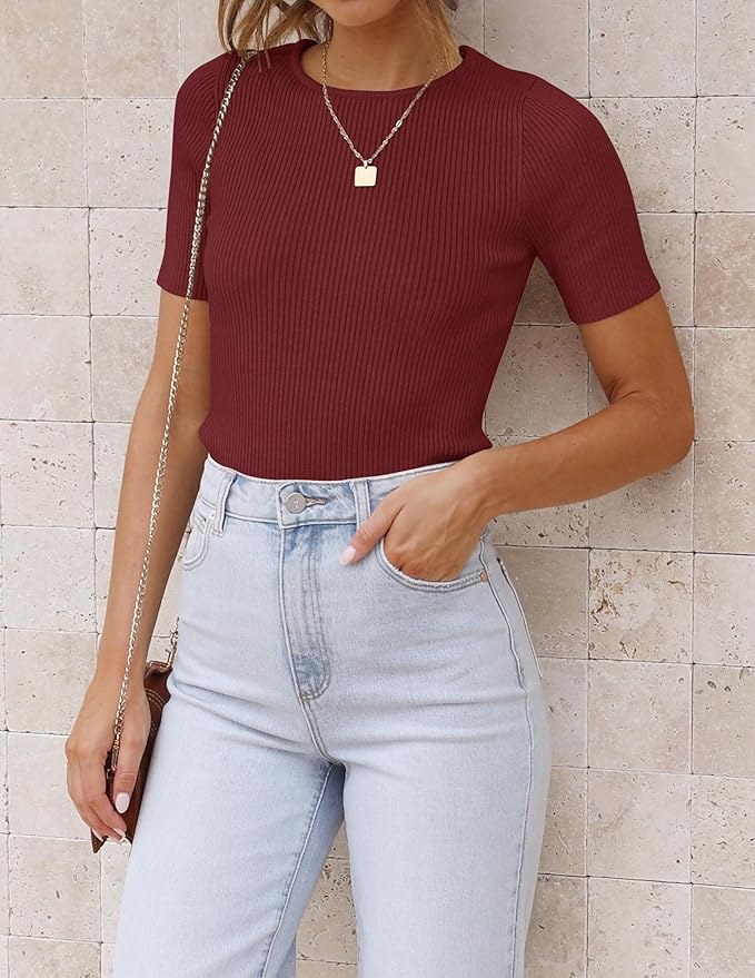 ZESICA Women's Short Sleeve Sweater Tops 2026 Summer Crewneck T Shirt Ribbed Knit Slim Fit Basic Solid Color Tee