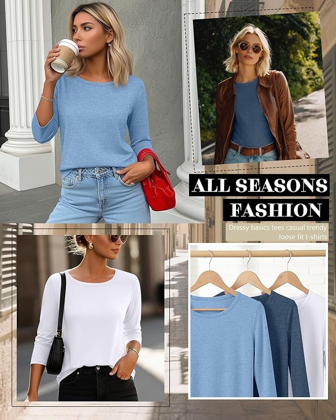 Ficerd 3 Pack 3/4 Sleeve Tops for Women Round Neck Dressy Basics Tees Casual Trendy Loose Fit T Shirts