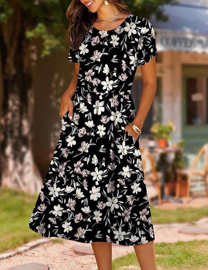 HOTOUCH Women's Summer A-Line Midi Dresses 2026 Casual Floral Short Sleeve T-Shirt Dress Flowy Beach Sundress with Pockets