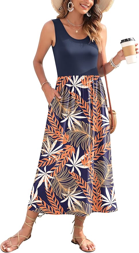 WNEEDU Women's Summer Maxi Dress 2026 Casual Sleeveless Hawaiian Sundress Tropical Long Dress Beach Vacation Outfit