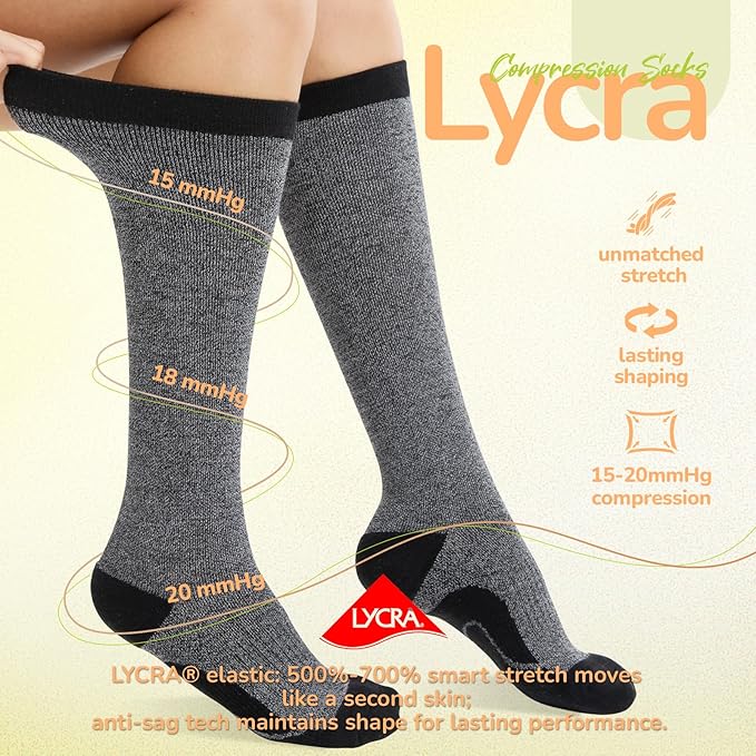 Merino Wool Compression Socks for Women Men, 15-20 mmHg Knee High Socks for Flying, Travel, Running