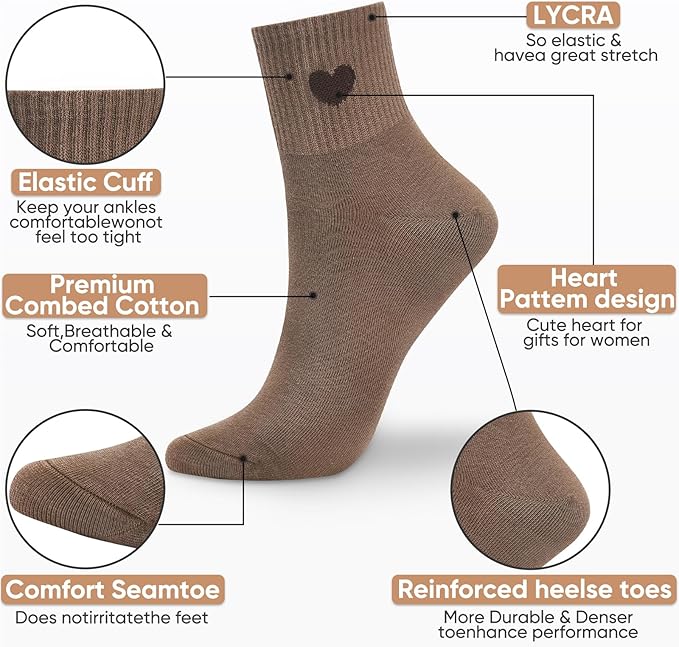 Corlap Women's Cute Cotton Crew Athletic Running Socks - Ankle High, Novelty Fun Heart Design 5-Pairs (Gift Box)