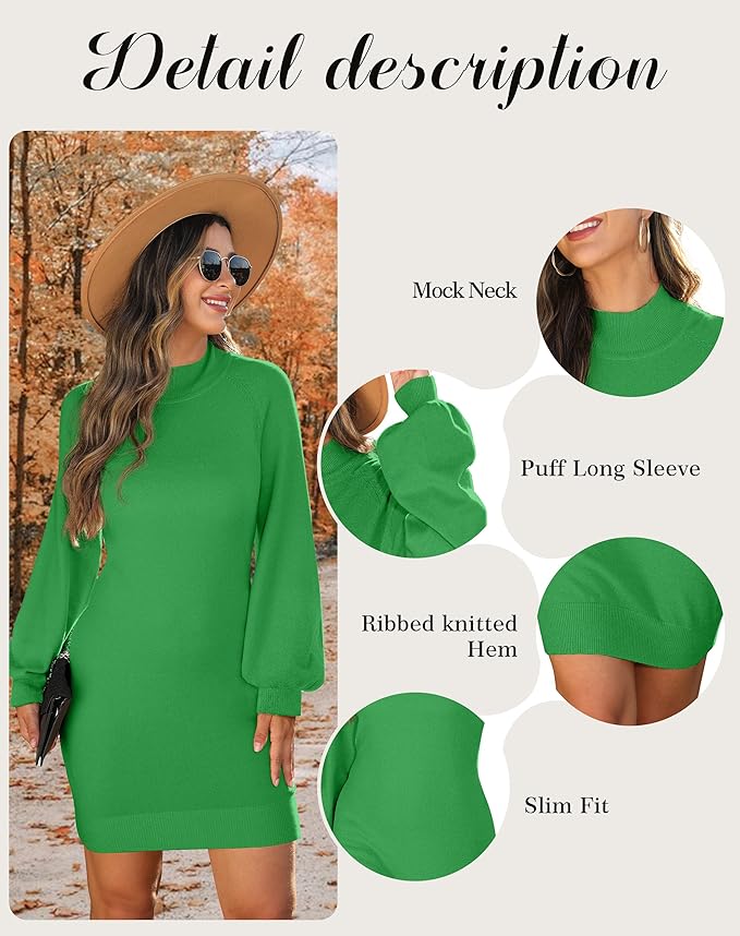 GRECERELLE 2026 Women's Mock Neck Ribbed Long Sleeve Bodycon Pullover Cute Mini Sweater Dress (XS-2XL)