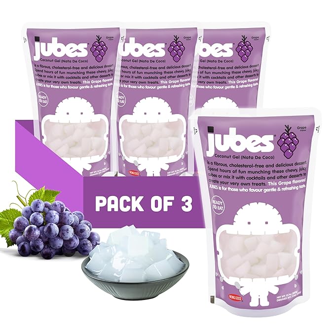 Jubes Grape Nata De Coco Jelly Cubes (12.7 oz, Pack of 3) - Grape Coconut Jelly Cubes for Sago - Coconut Gel in Syrup Toppings for Fruit Tea, Boba, Bubble Tea, Drinks, Desserts Yogurt, Ice Cream, Beverage