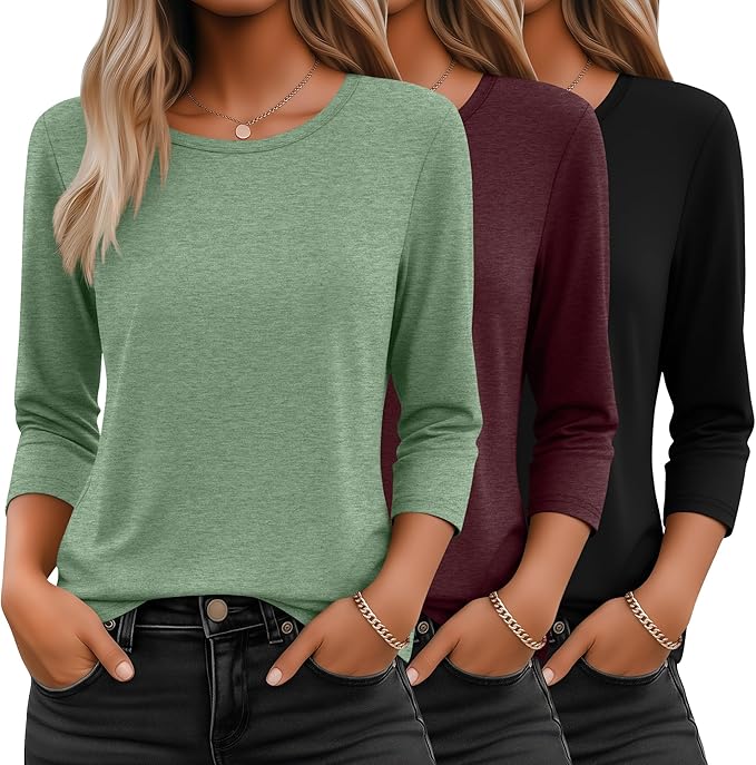 Ficerd 3 Pack 3/4 Sleeve Tops for Women Round Neck Dressy Basics Tees Casual Trendy Loose Fit T Shirts