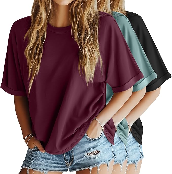 Riyiper 3 Pack Women's Oversized T-Shirt Half Sleeve Summer Tees Casual Loose Fit Crew Neck Basic Tops