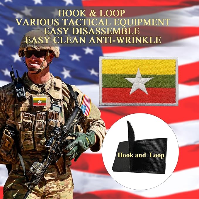 EmWoot 2PCS Myanmar Flag Patch Embroidered Morale Patch Military Tactical Patches Hook and Loop